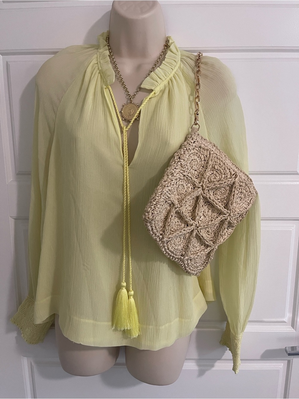 Marie Oliver 100% Silk Peasant Blouse with Tassle Tie Sz Small